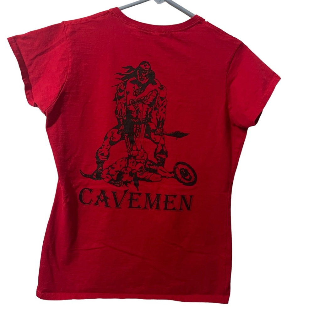 Gildan Shirt Women Large Red‎ Lightweight Casual Cavemen Graphic Crew Neck Tee